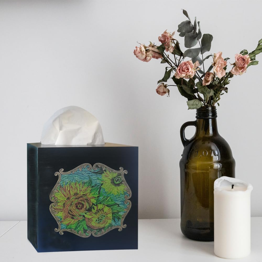 TAIANLE. Rustic Wooden Tissue Box Cover Square, Floral Sunflower Model Facial Tissue Holder, Wood Flower Box Cover Square Cube for Bathroom Bedroom Dinner Decro