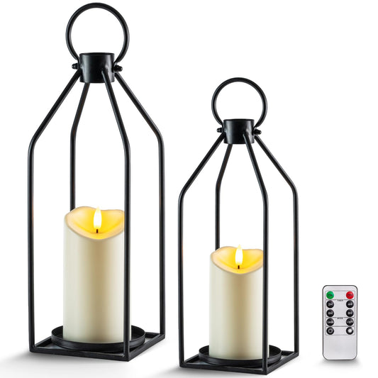 Homemory Modern Farmhouse Lantern Decor with Waterproof Flameless Candle & Remote Timer, 2PCS Black Metal Candle Lantern Decorative for Outdoor Indoor Home Living Room Patio Porch Table