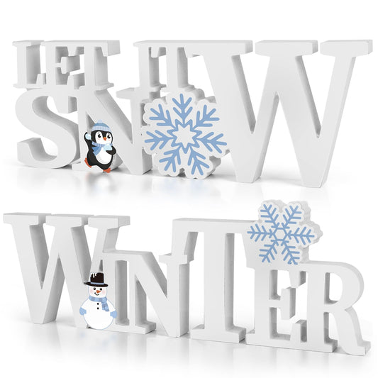 COCHIE Wooden Winter Let It Snow Sign, Snowflake Winter Decorations for Home, Office, Shelf, Mantel, Indoor, Blue White Wood Table Top Party Decor (White)