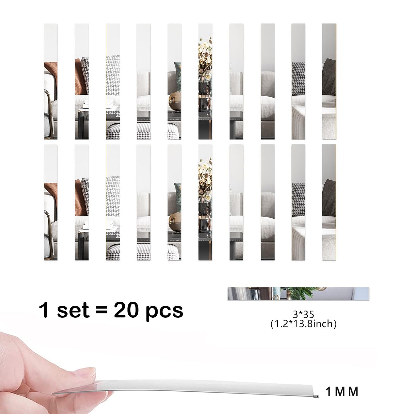 OUTANA Acrylic Wall Decor, Peel and Stick r Strips, Vertical Tiles for Entryway, Bedroom & Bathroom, Shatterproof Wall Decor for Small Spaces, Gold Silver Black (20, Silver)