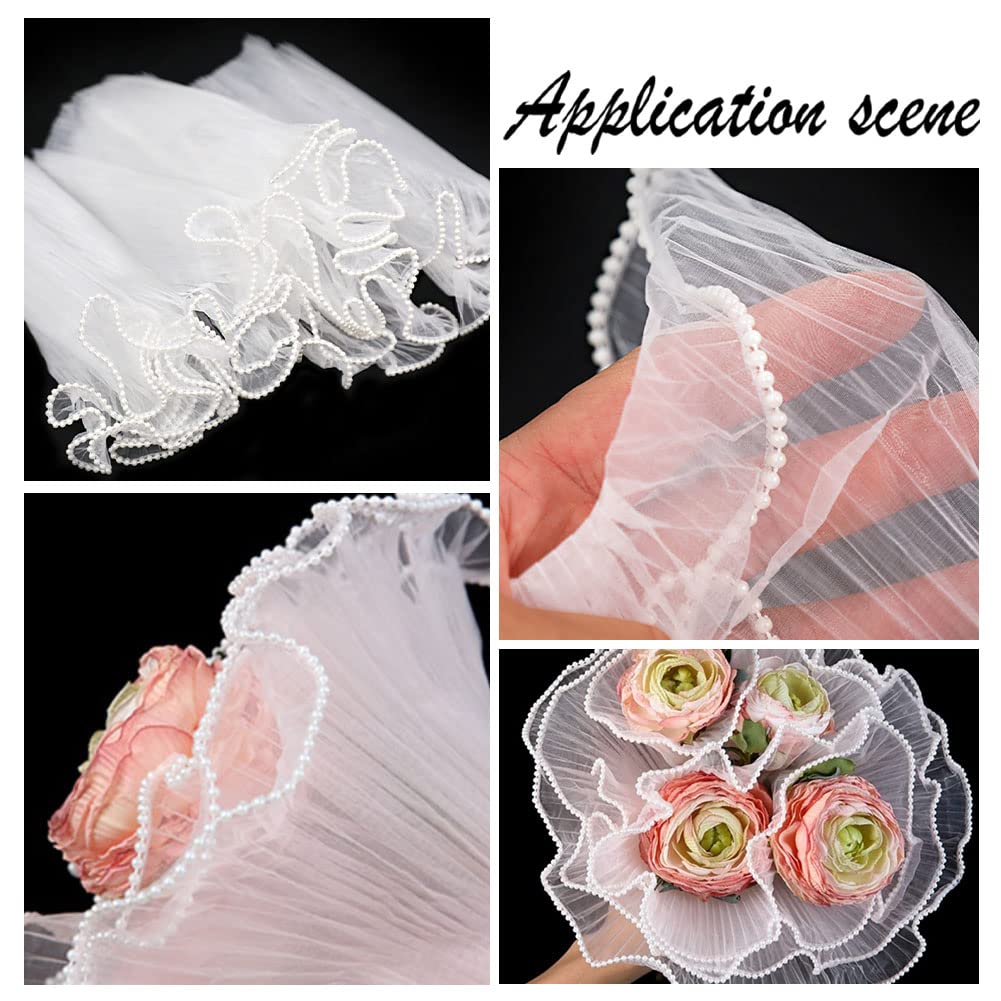 BENECREAT 4.37 Yards White Flower Wrapping Mesh Paper, Pearl Edge Bouquet Packaging Paper Wrinkled Translucent for Party Favor Decor, Florist Supplies Mother's Day Wedding Gift Packaging
