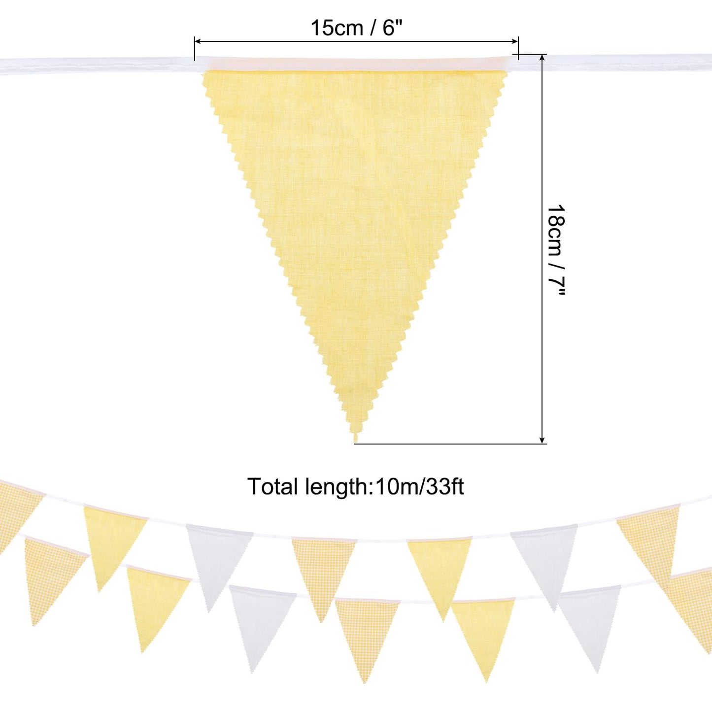 MECCANIXITY 33ft Yellow White Plaid Checkered Pennant Banner, 36 PCS Triangle Flags Fabric Bunting Banner for Birthday Wedding Outdoor Garden Decor
