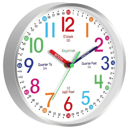 Roymnie Wall Clock for Kids Learning to Tell Time Easily Non Ticking Battery Operated Kids Teaching Clock Silent Colorful Teaching Time Clock Decorative for Kids Room Classroom School (8 Inch)