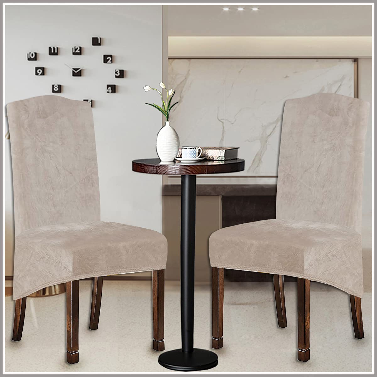 KELUINA Velvet Plush XL Dining Chair Covers, Stretch Chaircover, Spandex High Chairs Protector Covers Seat Slipcover with Elastic Band for Dining Chairs (Tauqe 1, Set of 2)