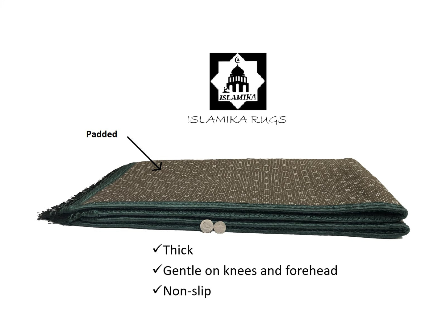 Prayer Rug Muslim Mat Islamic - Thick Large Padded Sajadah for Kids Men Women with Islam Prayer Beads for Eid Travel Ramadan, Soft Luxury Great for Knees and Forehead(Green)