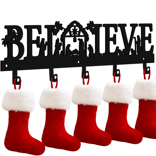 Cinnvoice Nativity Christmas Stocking Holder for Wall with 5 Hangers Metal Christmas Stocking Wall Hanger Mantel Rack Hanging Mount Hook for Holiday Xmas Fireplace Decoration, Black(Believe)