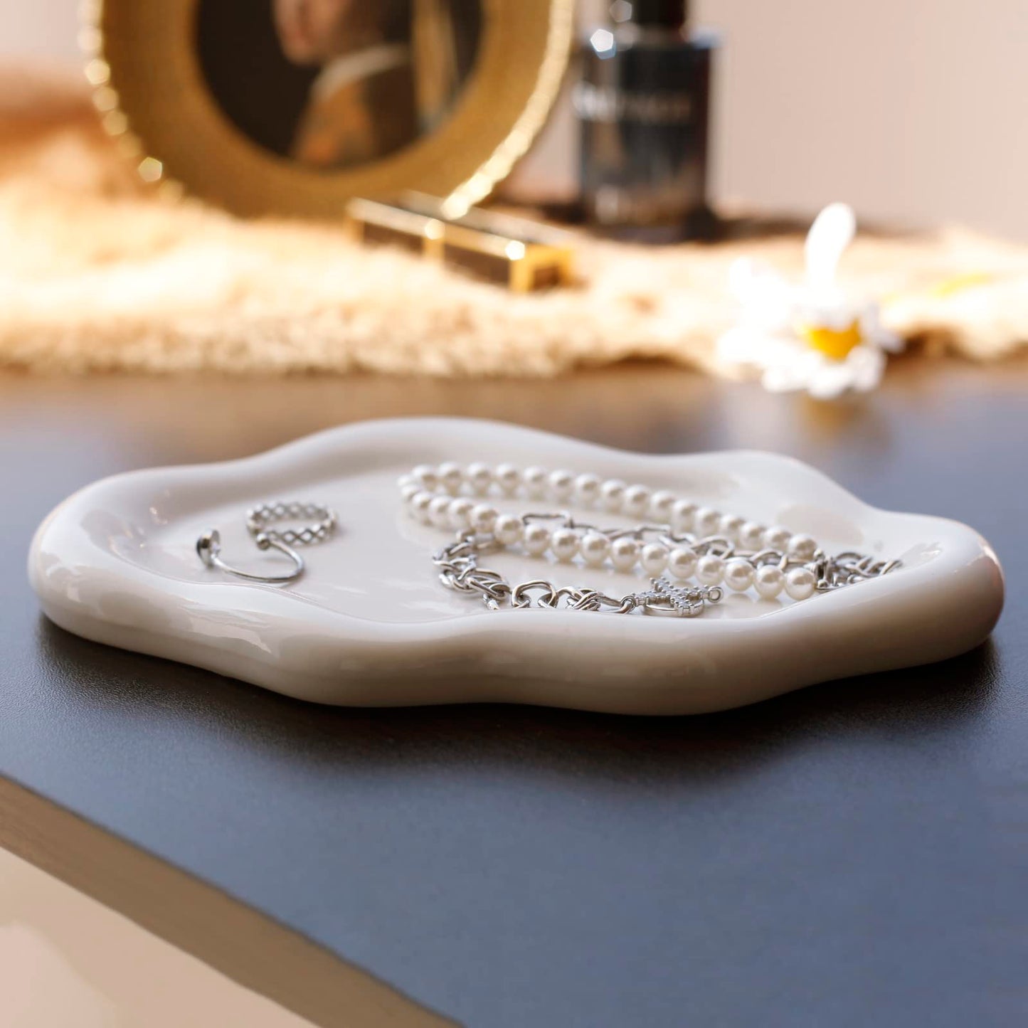 MDFAYE Jewelry Dish Trinket Tray for Women, Ring Dish Holder, Unique Cloud Shape Ceramic Plate Cute Things Vanity Aesthetic Room Decor Mother's Day Birthday (White)