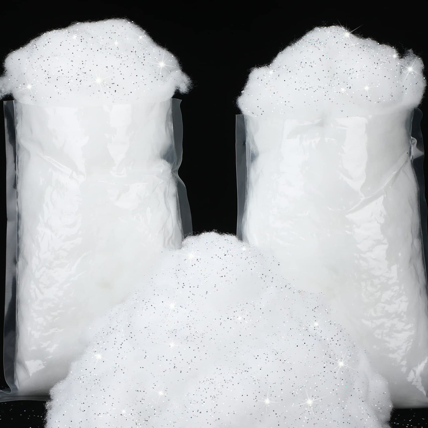 Sumind 2 Bags Fake Snow Decoration Fluffy Artificial Cotton Fiber Fluffy Fake Clouds Soft Blanket for Crafts Mantle Village Christmas Winter Indoor Home Decoration(Glitter Silver)