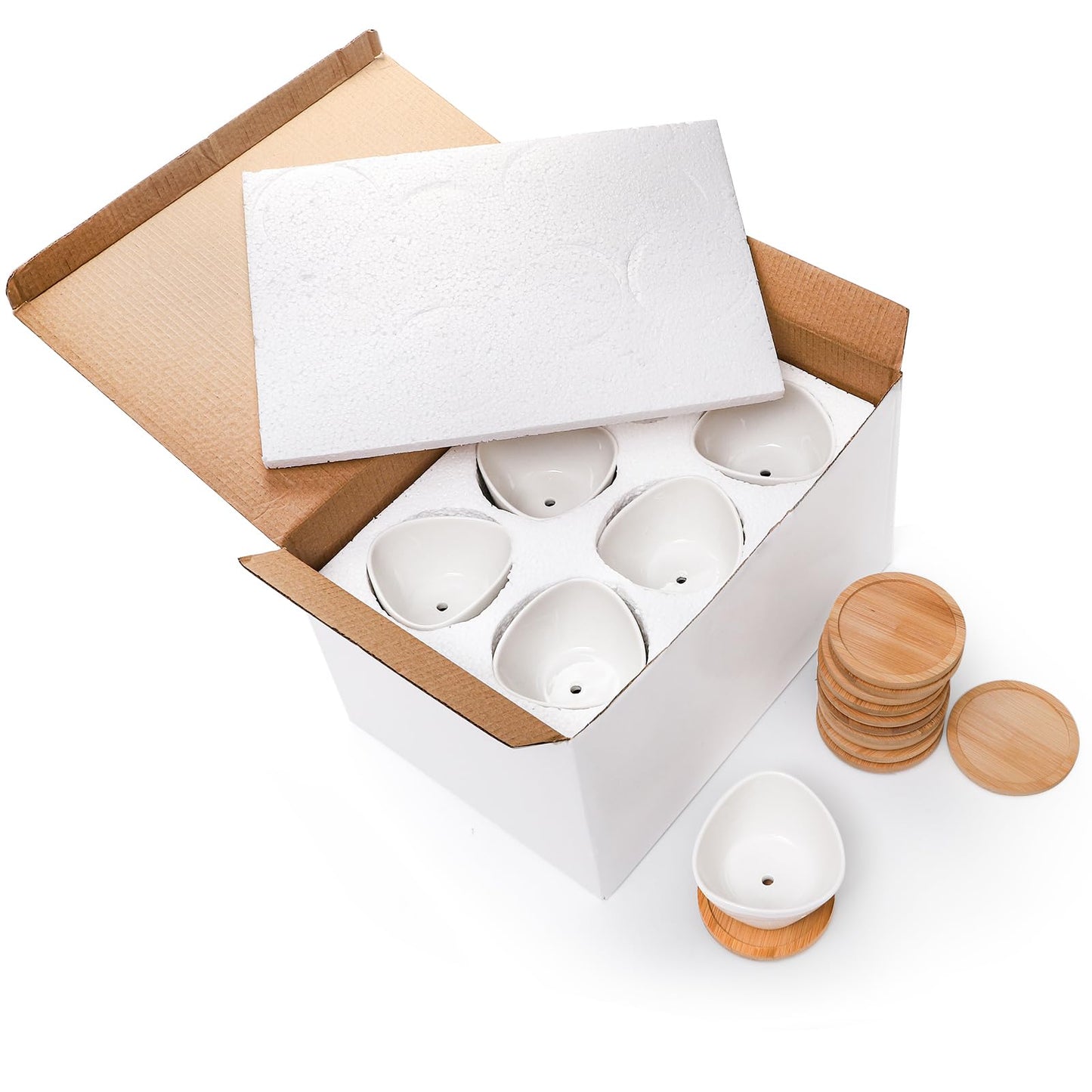 Foraineam 12 Pack Mini Succulent Planter Pots, Small Ceramic Cactus Planters White Plant Flower Pots with Bamboo Tray for Herbs, Seeds, Beans, Cacti, Succulents