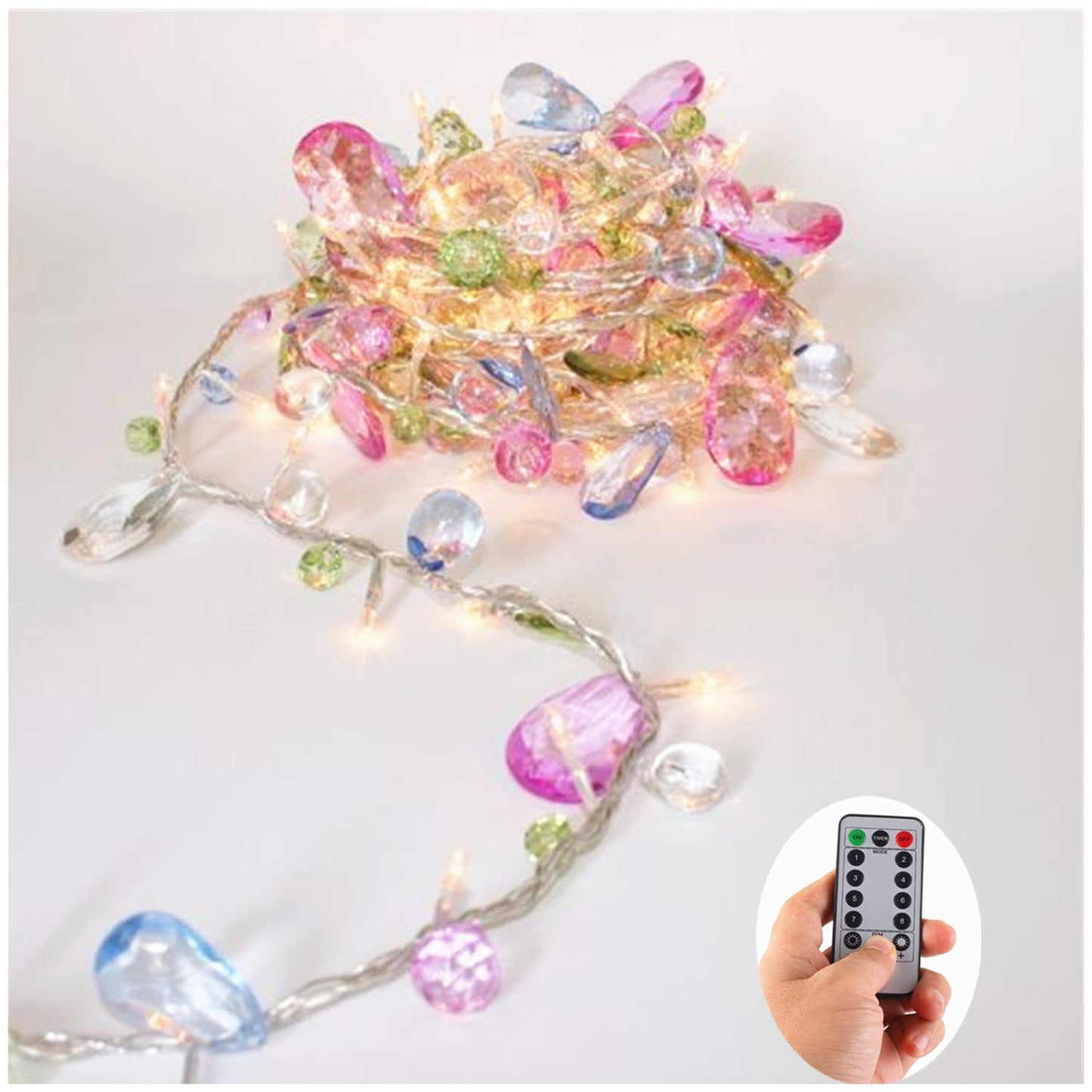 DealBeta Battery Operated Fairy String Lights, Acrylic Gems Jewels String Lights with Remote 8 Modes Timer Function,30 Warm White LED Battery Powered Fairy Lights for Bedroom Party Decor