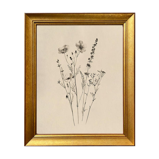 Vintage Framed Minimalist Botanical Line Wall Art Canvas Print Wildflower Sketch Painting Neutral Floral Nursery Artwork Cottage Core Decor