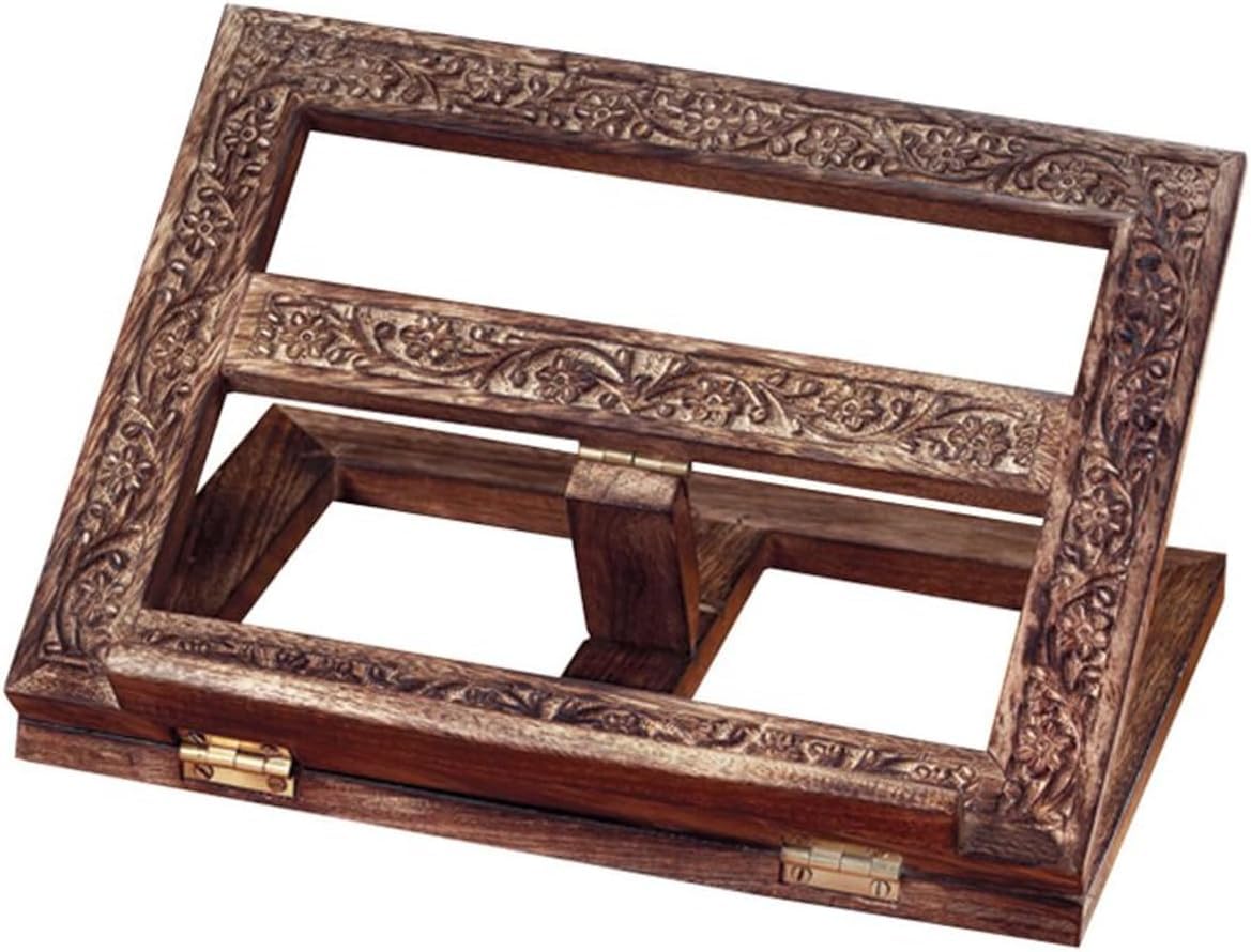Mother’s Day Adjustable Wooden Book Stand, Handmade Quran Bible Geeta Cookbook Holder, Folding Reading Display Stand, Carved Prayer Rihal Rest, Recipe Book Holder, Gifts for Mom