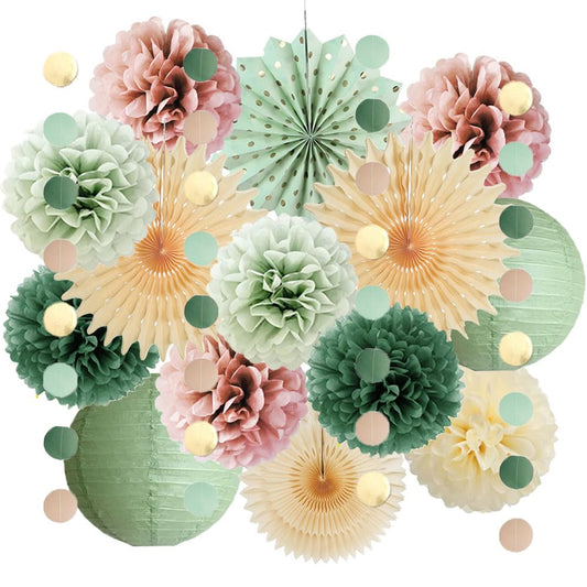 Sage Green and Dusty Pink Party Decorations Retro Olive Sage Green and Dusty Rose Party Decorations Cream Poms Beige Fans for Boho Pink Birthday Baby Shower Bridal Shower Wedding Engagement