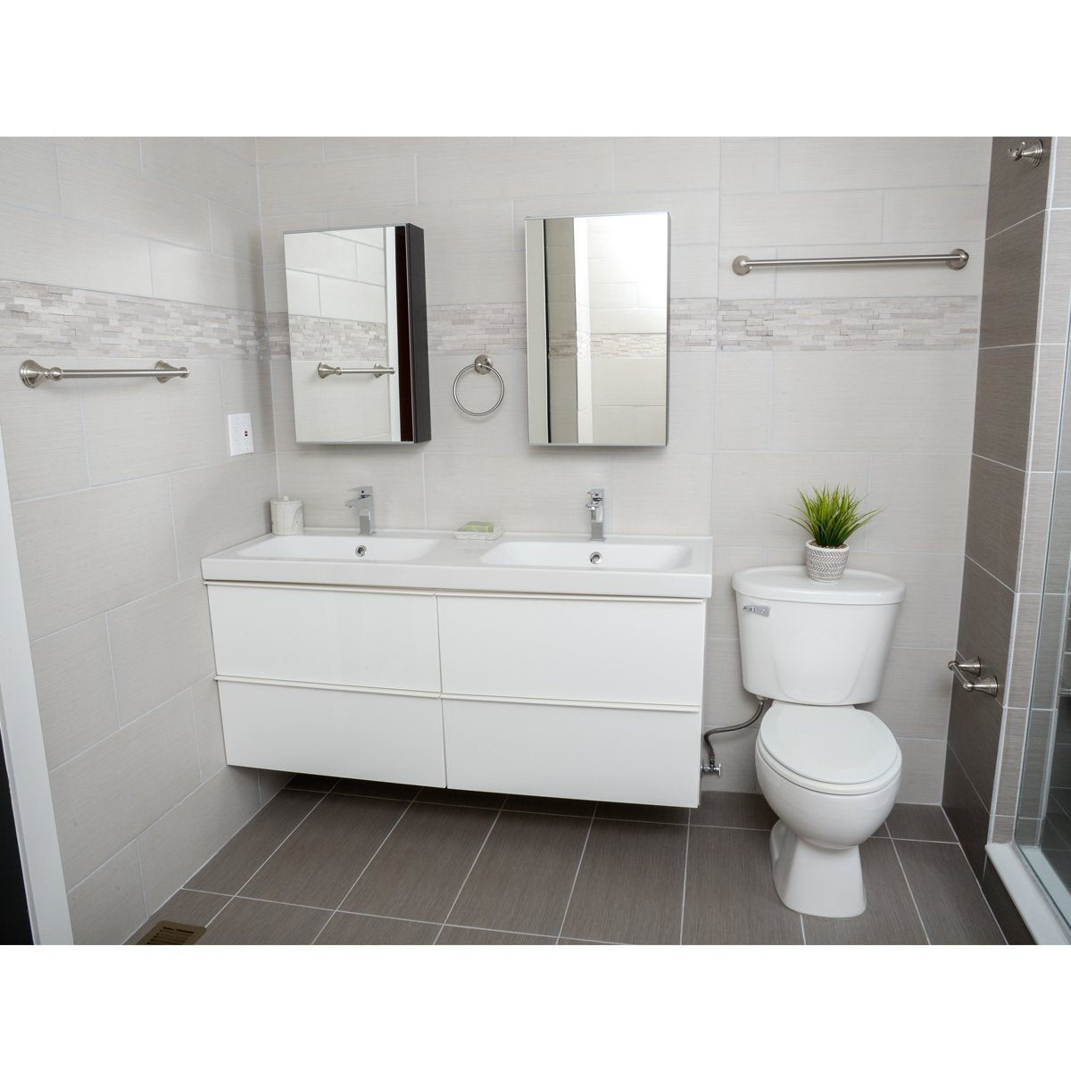 Amazon Basics 5 Piece Bathroom Hardware Set, Satin Nickel, Towel Bar, Toilet Paper Holder, Towel Ring, Robe Hook, AB-BR817-SN
