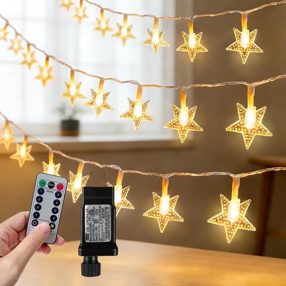RaThun 49.2ft Warm White Star String Lights, 100 LED with 16ft Extended Lead Wire & Remote, 8 Modes, IP44 Waterproof Plug in Linkable Lights for Outdoor Indoor Party Wedding