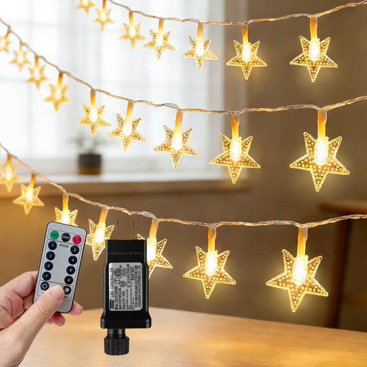 RaThun 49.2ft Warm White Star String Lights, 100 LED with 16ft Extended Lead Wire & Remote, 8 Modes, IP44 Waterproof Plug in Linkable Lights for Outdoor Indoor Party Wedding