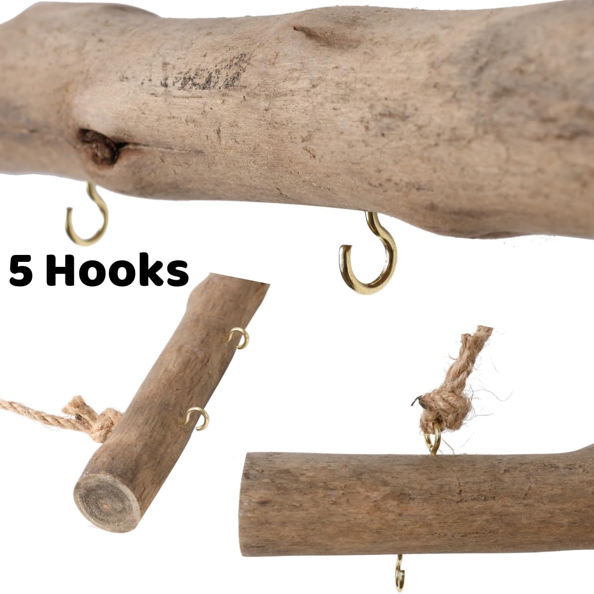 BYHER 15-Inch Driftwood Wall Hanging Jewelry Hanger - Rustic Wood Logs Hanging Branch Decor with 5 Hooks, Handcrafted from Natural Drift Wood Pieces for Crafts (Rustic)
