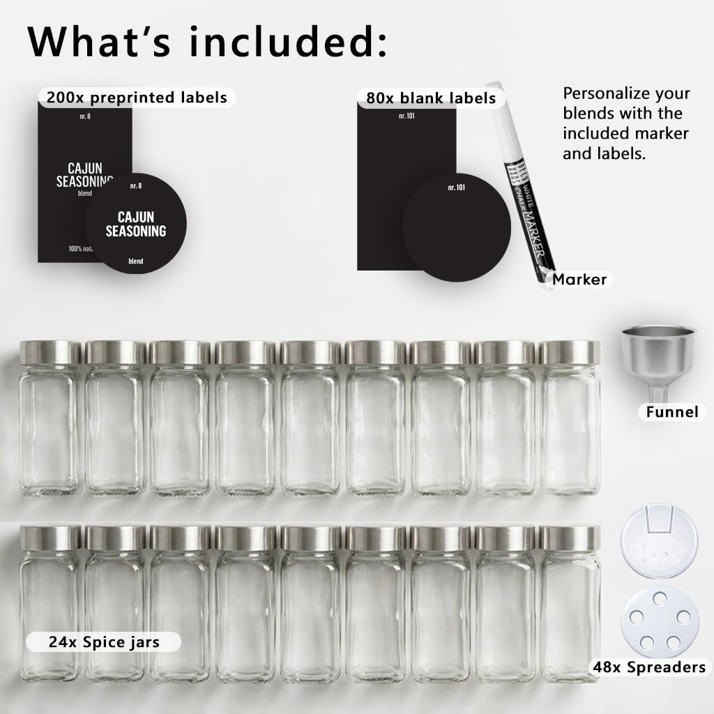 Deco haus Glass Spice Jars with Label 24 x 4oz [LABELS incl] Spice Containers with 280 Labels, Shaker Lids, Funnel & Chalk Marker - Empty Herb Seasoning Containers, Small Seasoning Bottles for Herb