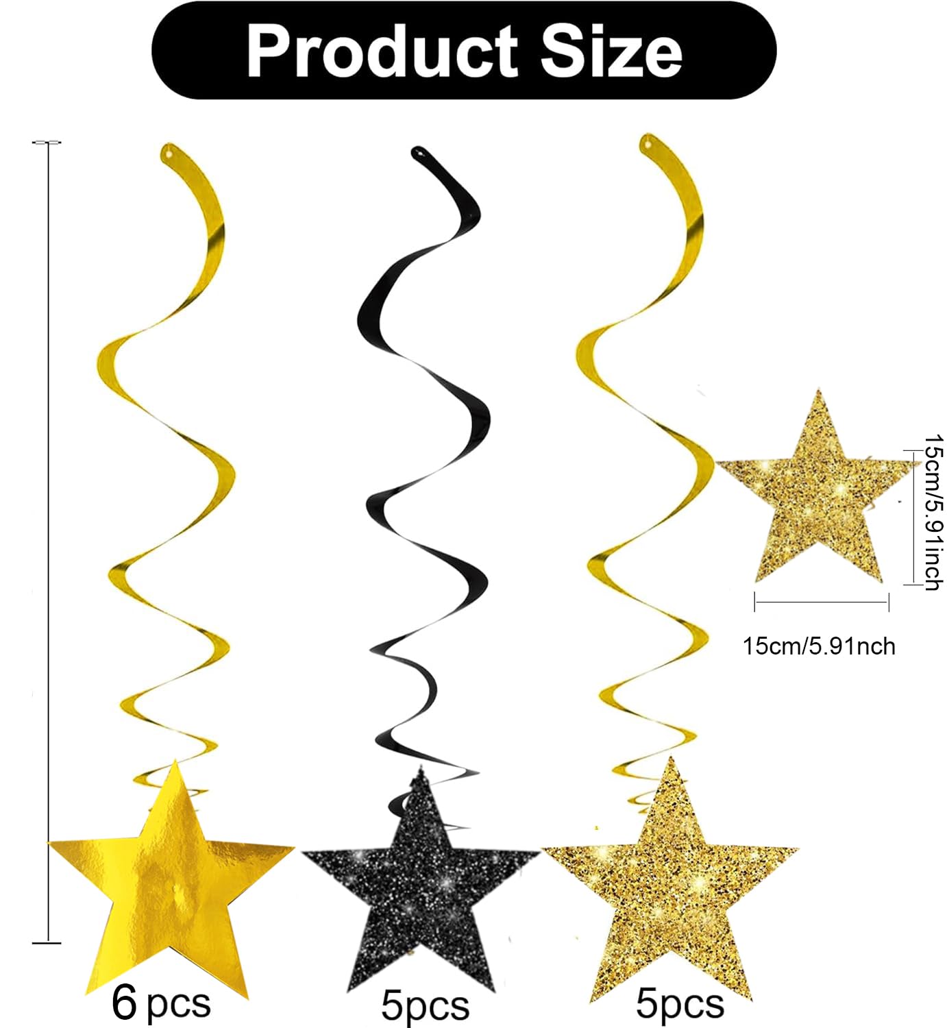 Black Gold Graduation Decorations/Black Gold Party Decorations/Black and Gold Star Hanging Swirls, 16 Pieces, for Birthday,New Year Eve, Graduation Star Party Decorations