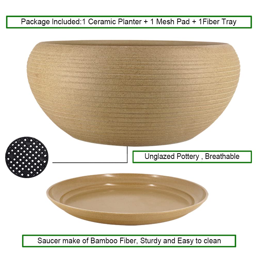 MUZHI 9.5” Round Large Ceramic Bonsai Bowl Planter，Clay Succulent Plant Pot Container with Saucer
