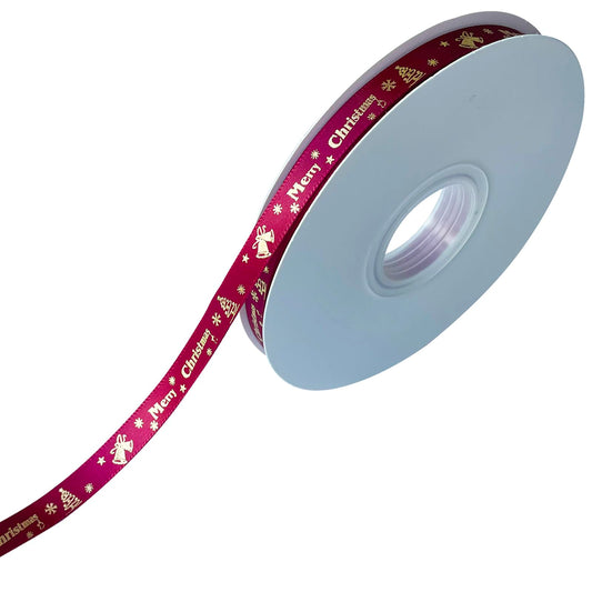 LXKBD 50 Yards Merry Christmas Ribbon Christmas Tree Bells Snowflake, 3/8 inch Wide Satin Ribbons for Festival Holiday Party Decoration Gift Wrapping Crafts (Wine Red)