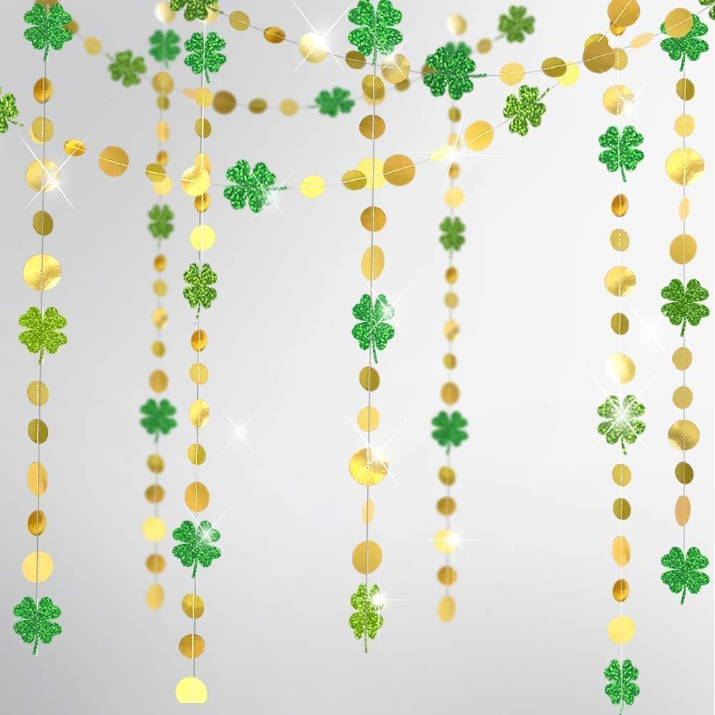 Cheerland St Patricks Day Decorations Green Shamrock Garland 4 Leaf Clover Glitter St Paddys Banner Hanging Streamers for Saint Patrick's Day Lucky One Birthday Irish Party Supplies Spring Decor 52Ft