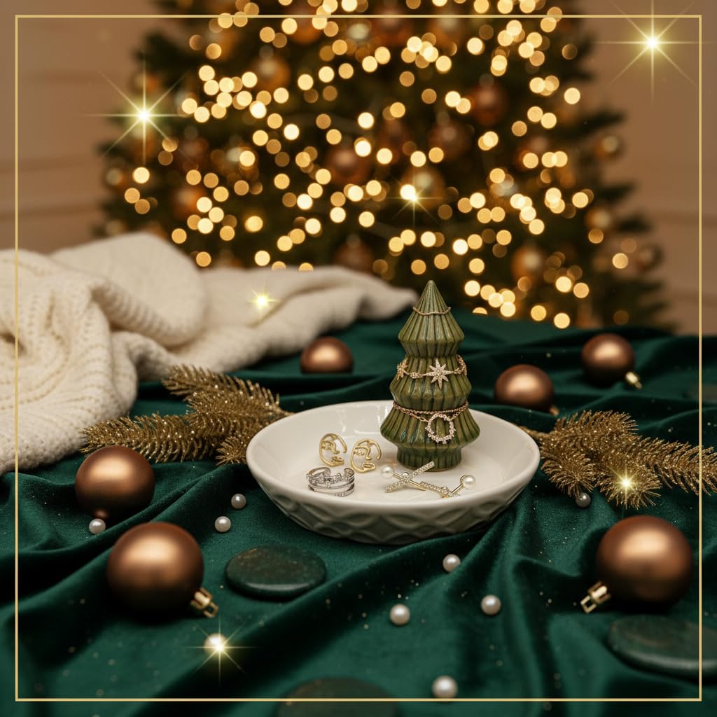 mono living Moss Green Christmas Tree Ring Dish - Ceramic Jewelry Holder for Kitchen Sink or Vanity - Aesthetic Sage Green Room Decor, Holiday Xmas Tree Trinket Tray, Christmas Gifts for Women