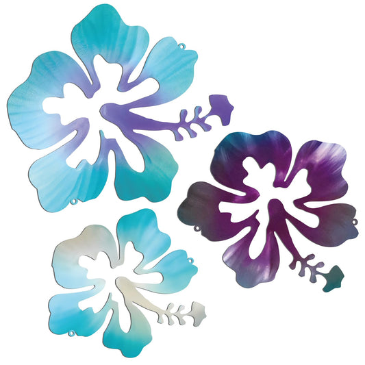CroBlissful 3 Pcs Hawaiian Metal Hibiscus Wall Art Rustic Tropical Hibiscus Flower Wall Decor Vintage Tropical Plant Plaque for Home Bathroom Office (Blue purple, Purple, Blue)