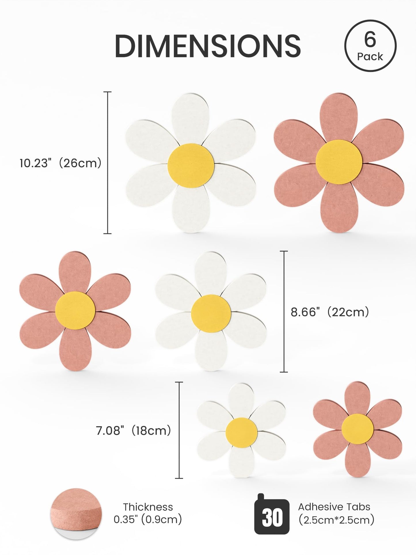 Fluxynara 6 PCS Daisy Felt Flower Wall Decor, Daisy Bulletin Board for Nursery & Girl Room, 3-Size Acoustic Felt Wall Art for Bedroom, Baby’s Room, Kids’ Spaces, Pink/White