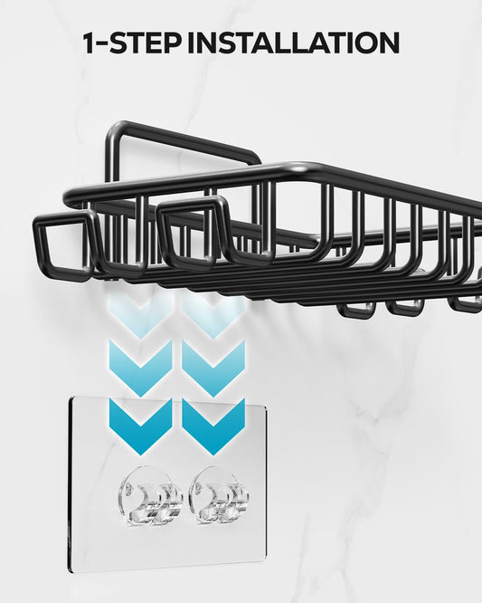 Nieifi Soap Dish Holder with 4 Hooks Stainless Steel Black Adhesive for Shower, Bathroom
