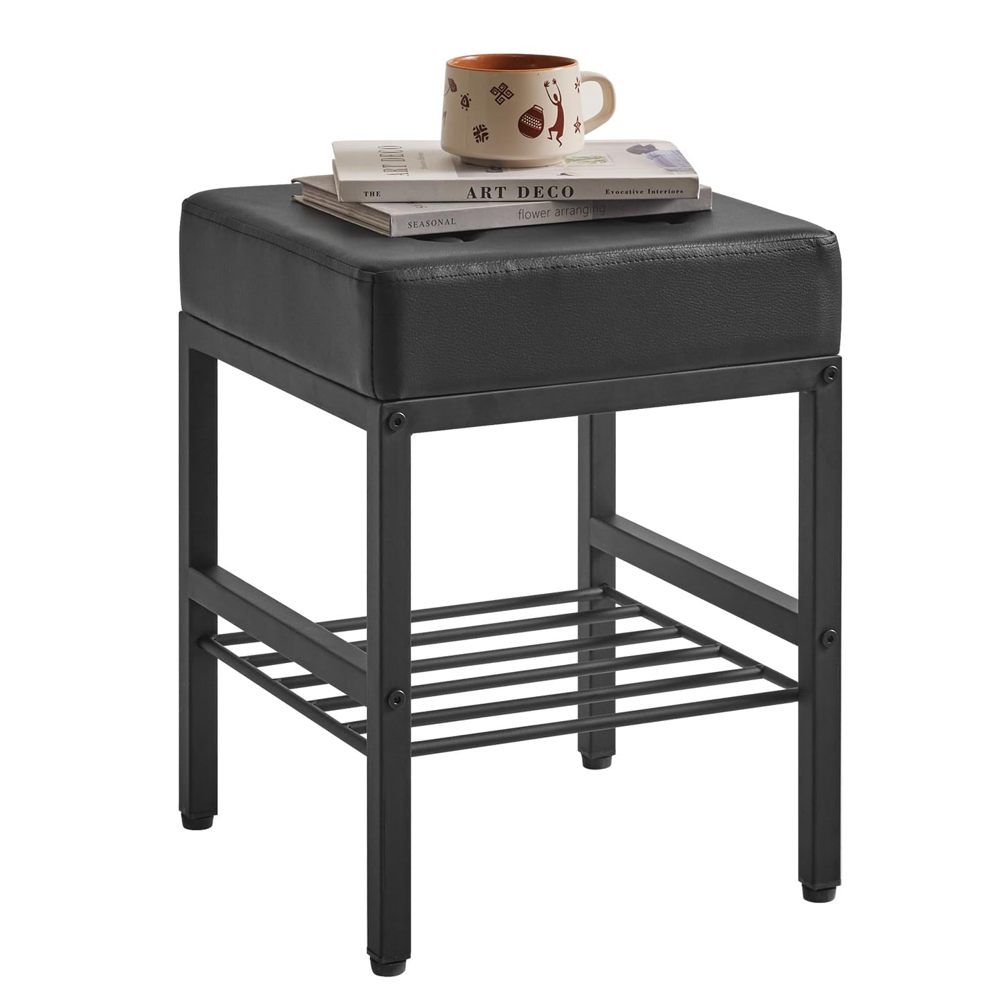 IBUYKE Square Makeup Stool with Adjustable Feet and Storage Space, Footrest Chair, PU Vanity Seat, Multi-Use as Small Side Table or Ottoman, for Bedroom, Black LG-60B