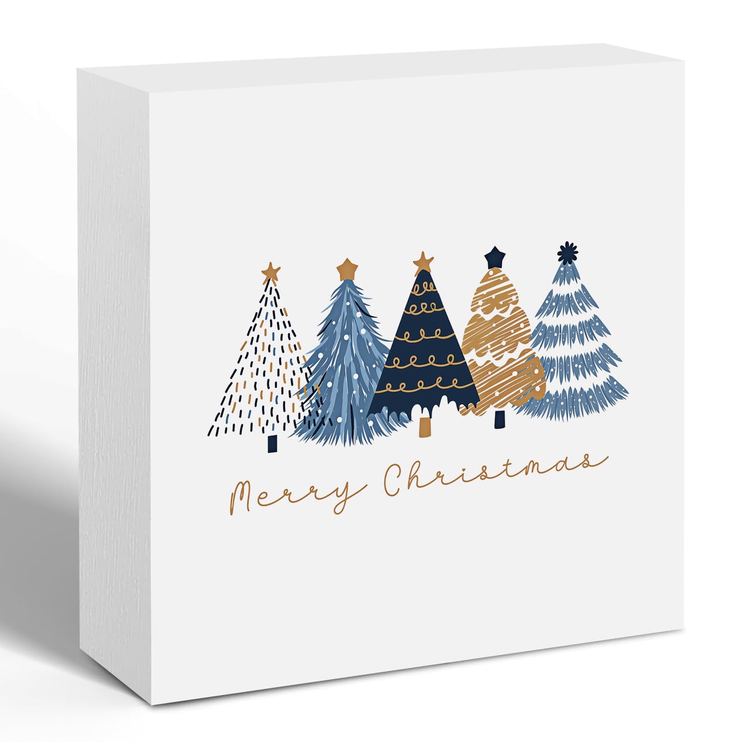 Foritho Navy Blue and Gold Christmas Tree Wooden Box Sign, Preppy Christmas Desk Decor, Merry Xmas Tree Winter Holiday Wood Signs for Home Office Desk Shelf Tabletop Decor,Decorative Signage 5x5 Inch