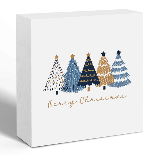 Foritho Navy Blue and Gold Christmas Tree Wooden Box Sign, Preppy Christmas Desk Decor, Merry Xmas Tree Winter Holiday Wood Signs for Home Office Desk Shelf Tabletop Decor,Decorative Signage 5x5 Inch