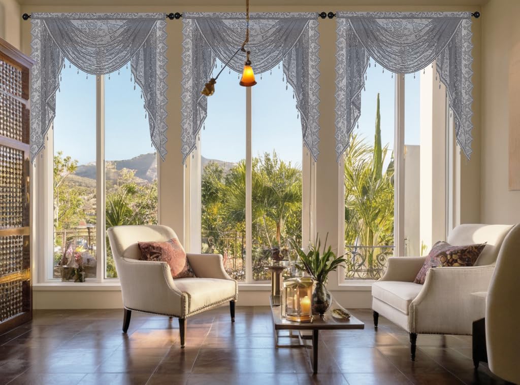 Huierxun Elegant Lace Waterfall Window Valance with Bead Tassels Floral Embroidered Valance Curtains Semi Sheer Rod Pocket Valance/Swags for Bedroom/Living Room/Kitchen/Basement (Grey,39"x41")