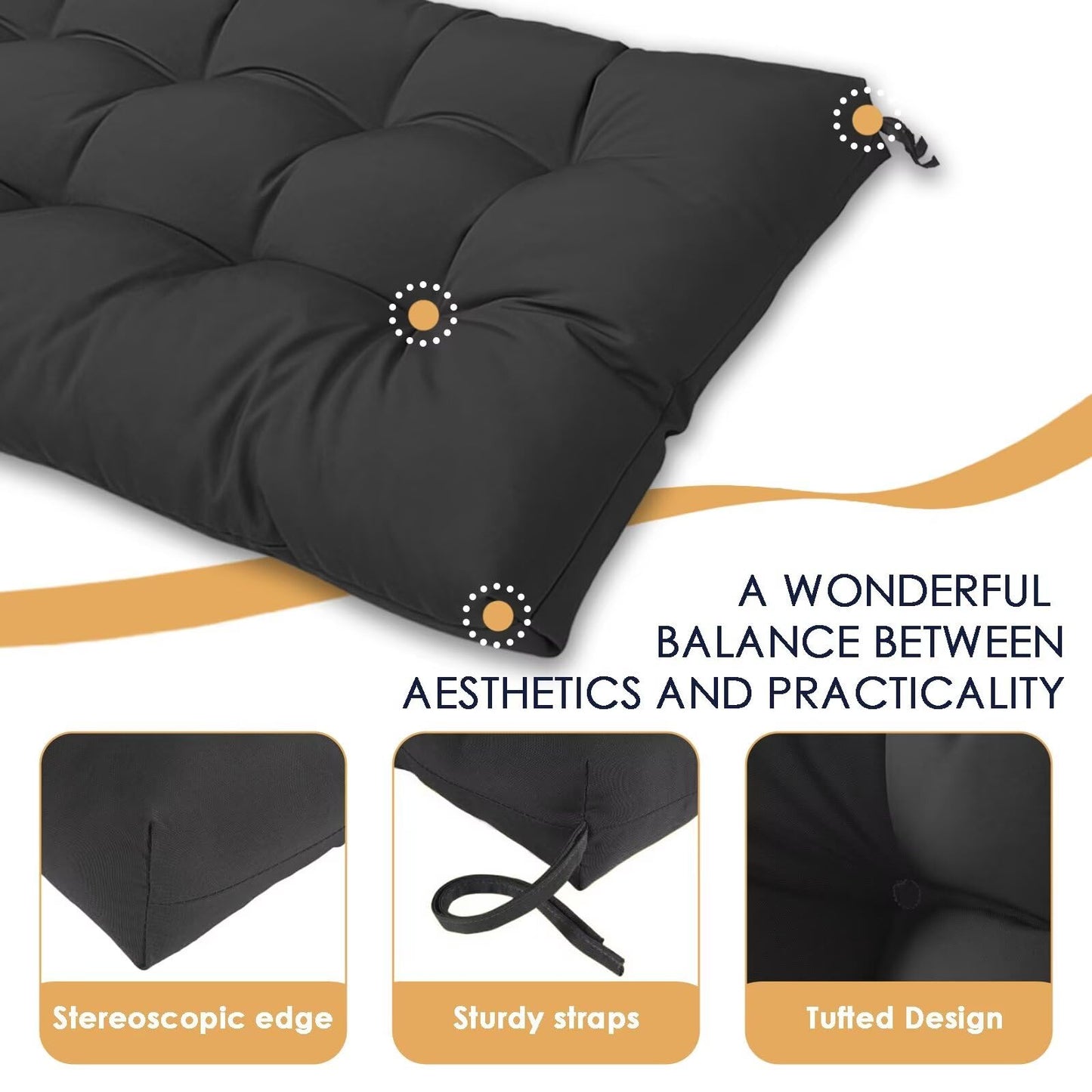 MTMR Outdoor Bench Cushion-44X19 Water-Repellent Tufted Porch Swing Cushions with High Elasticity PP Cotton and Ties Fade-Resistant Patio Outdoor Chair Cushion for Bench Furniture, Indoor Seat Cushion