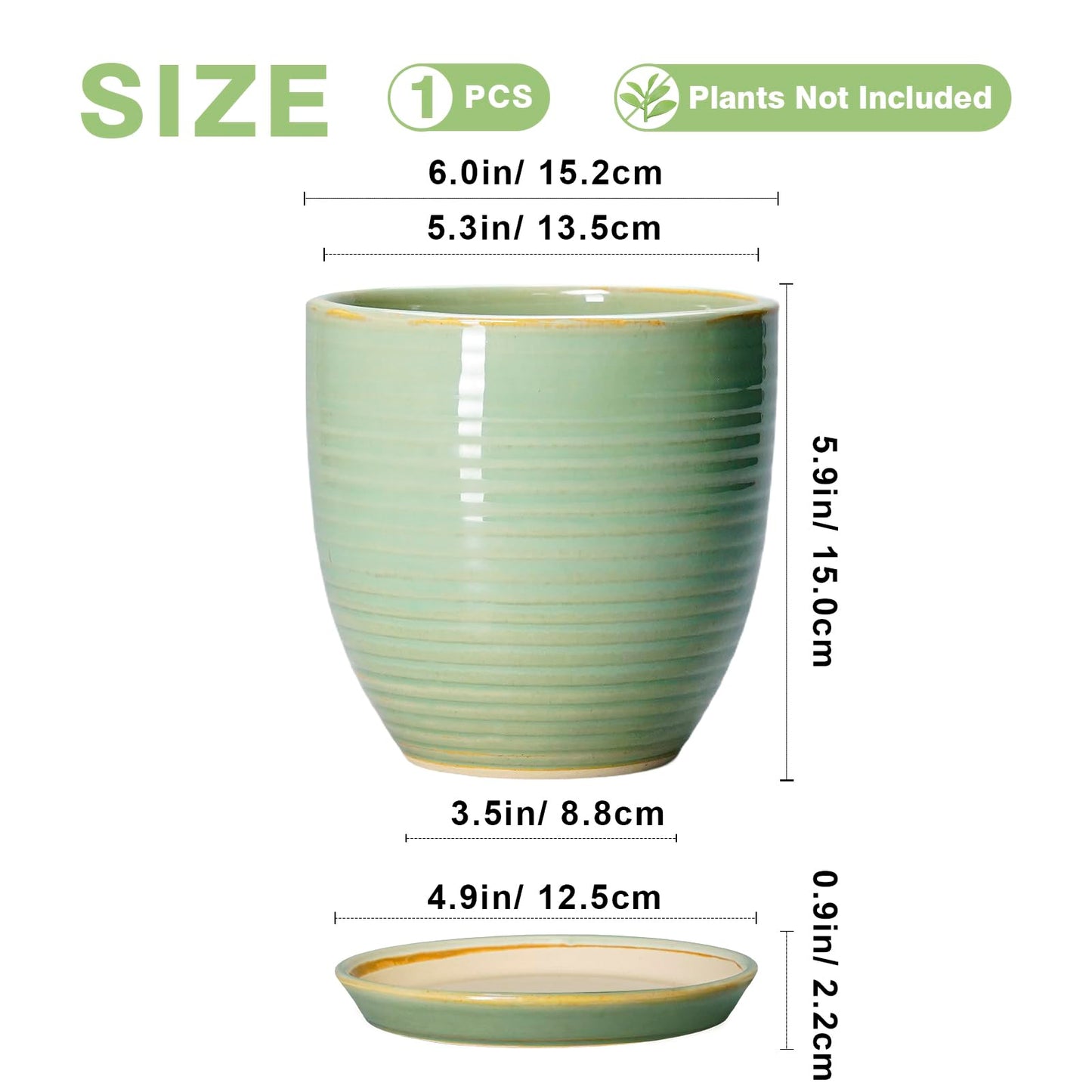 EPFamily Ceramic Plant Pots - 6 Inch Ceramic Planter with Drainage Hole and Saucer, Modern Planters for Indoor Outdoor Plants, Round Flower Pots, Office House Decor, Gifts for Women Men, Bright Green