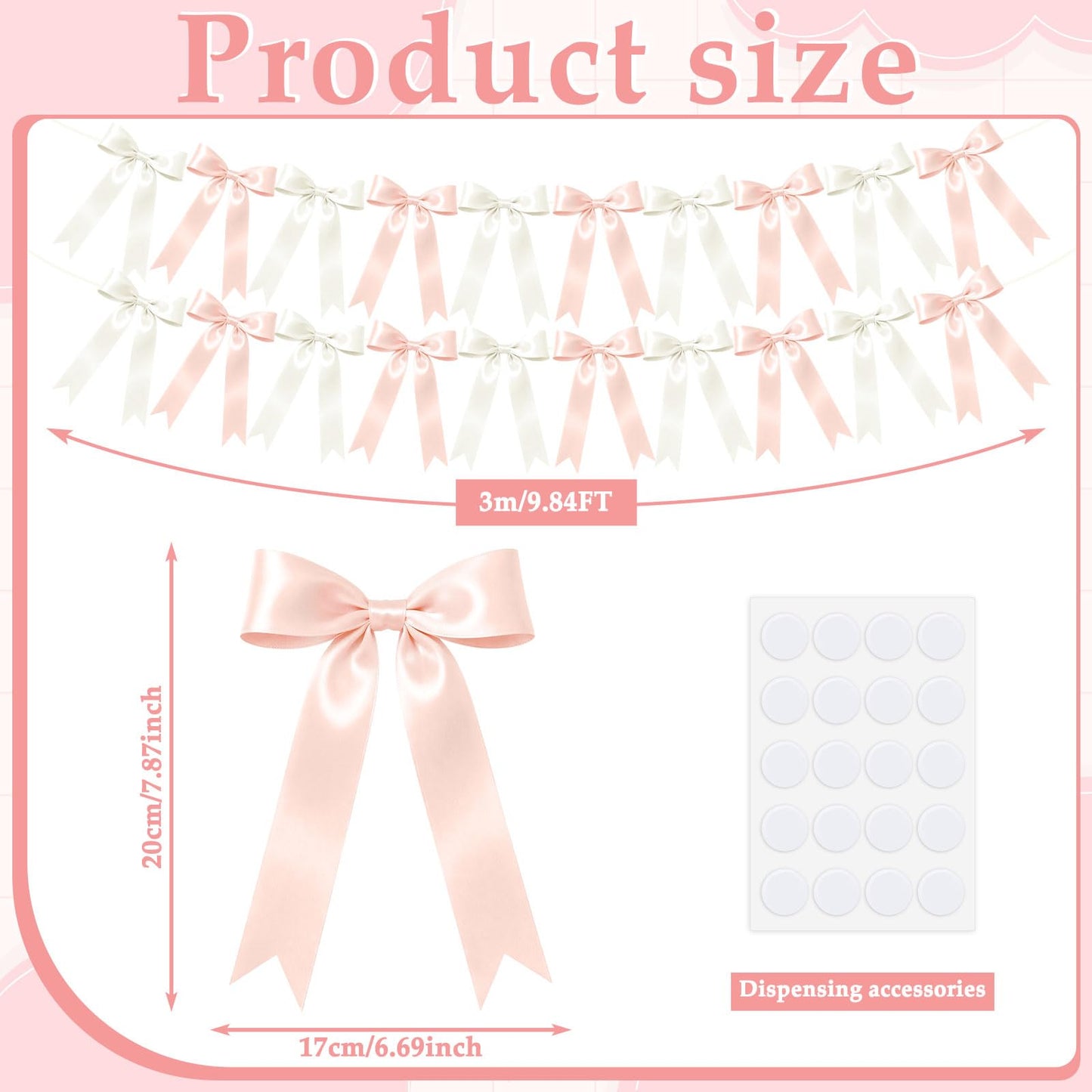NatNarr 2 Pcs White and Pink Bow Garland, Satin Ribbon Valentines Day Decorations Pre-Strung Bow Garland Party Banner for Wedding Birthday Baby Bridal Shower