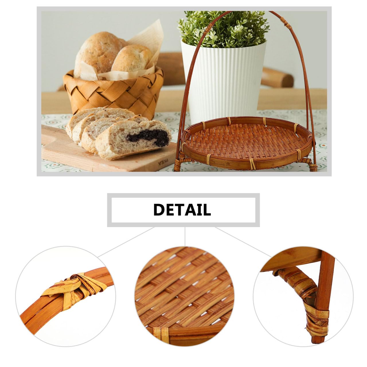 LABRIMP Bamboo Woven Basket with Handle 8.66X7.48X7.48In Rustic Snack Stand Fruit Dessert Organizer for Kitchen Countertop Storage and Party Display