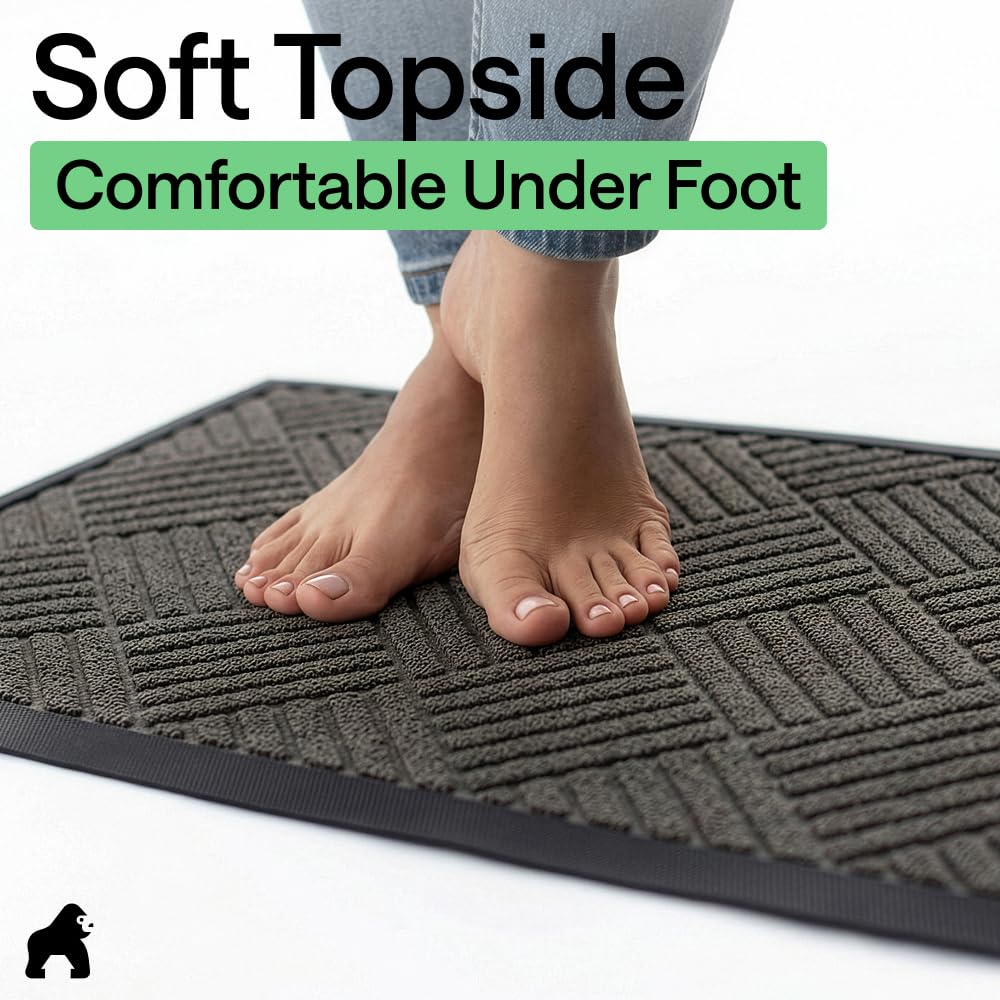 GORILLA GRIP 100% Waterproof All-Season WeatherMAX Doormat US Designed Natural Rubber, Stain Fade Resistant, Low Profile Indoor Outdoor Door Mats, Easy Clean, 29x17 Gray Diamond