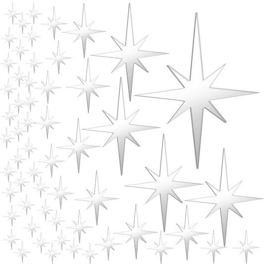 Dimeho Star Mirror Wall Stickers, 82 Pcs Acrylic Starburst Mirror Wall Decor Removable Silver Star Decals 5 Sizes 3D Star Wall Art Decorative Decal for Home Wall Living Room Bedroom Decor(Silver)