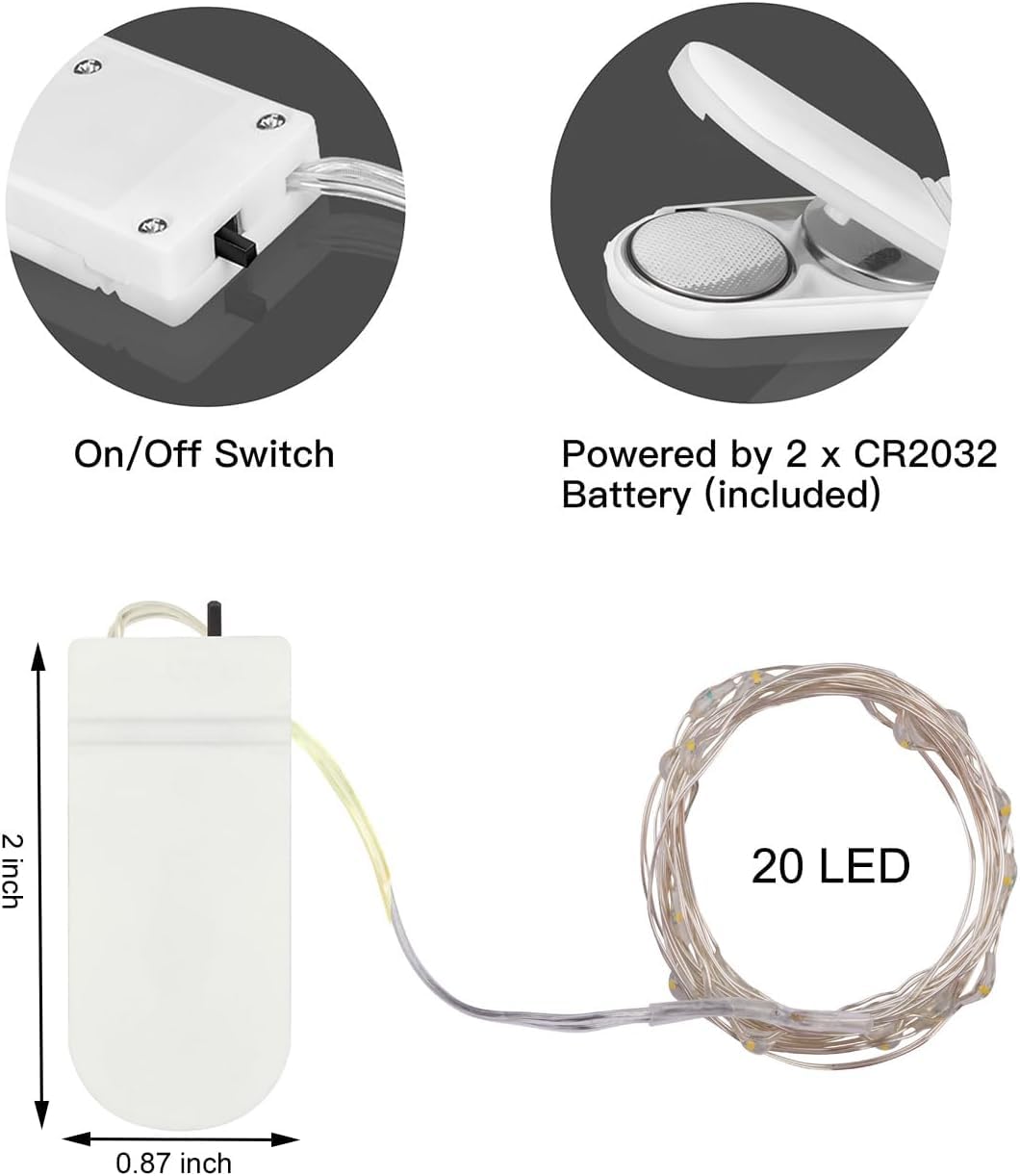 LEDIKON 24 Pack Mini Fairy Lights Battery Operated - Long Lasting CR2032 Battery, 6.6ft 20 LED Warm White String Lights for Wedding Centerpieces, Crafts, Mason Jars Decor