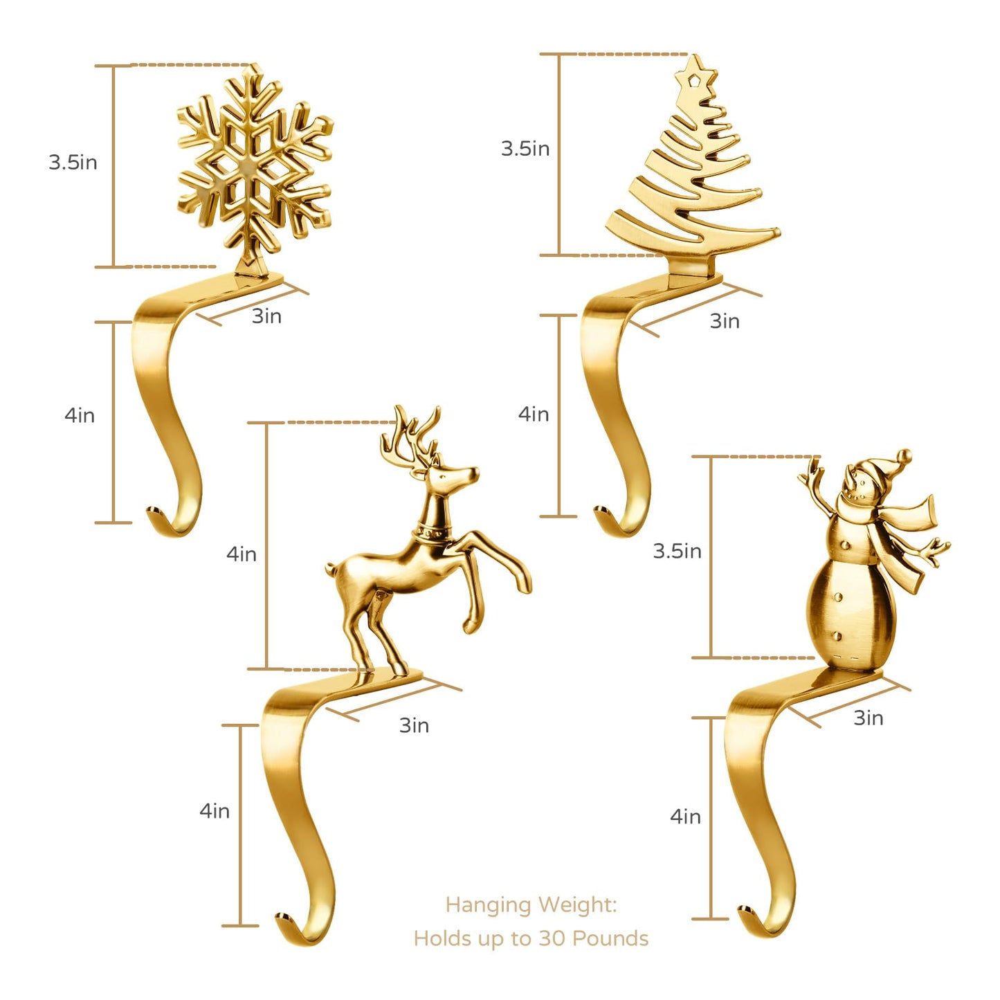 Fonder Mols Christmas Stocking Holders for Mantle, Xmas Fireplace Hanger Hooks Metal Grips Clips (Gold)