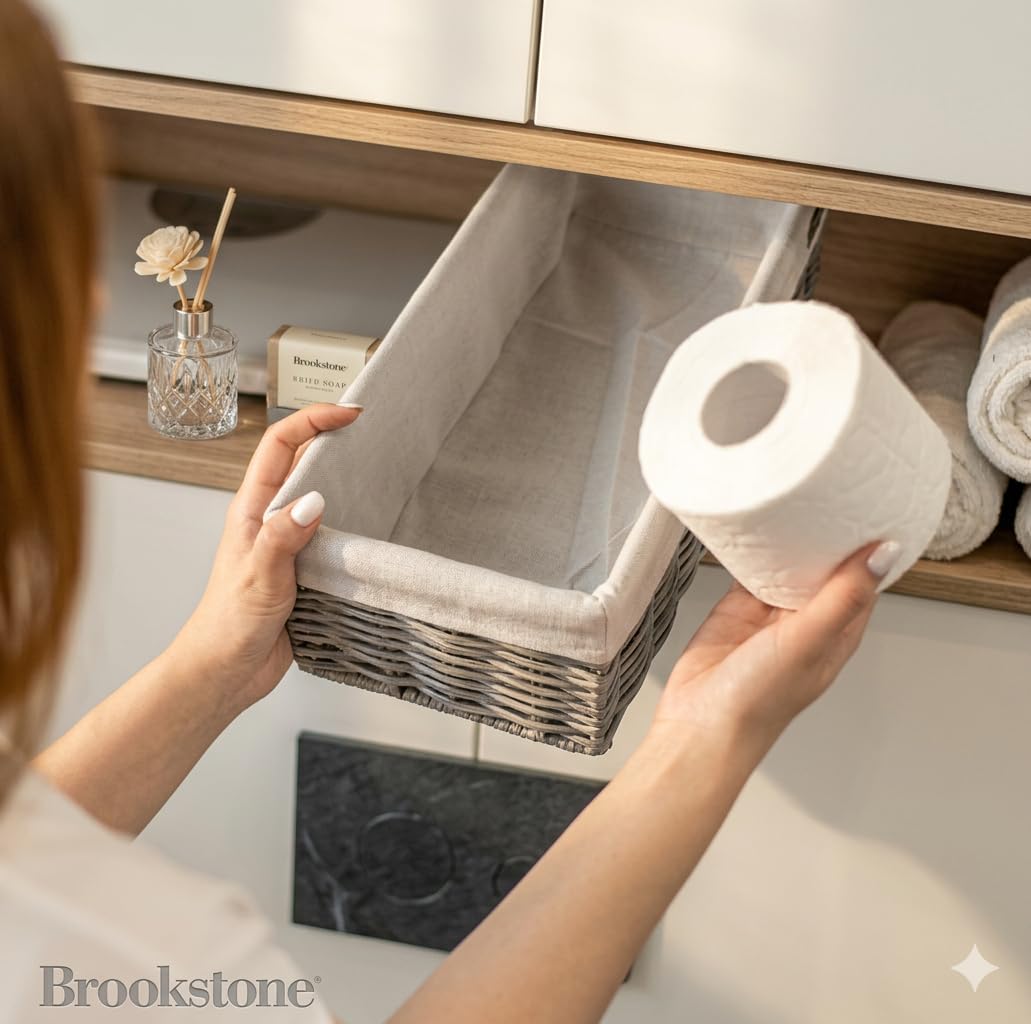 Brookstone Wicker Storage Basket Two Pack Set, Bathroom and Closet Organizers and Storage Bins with Fabric Liner, Grey