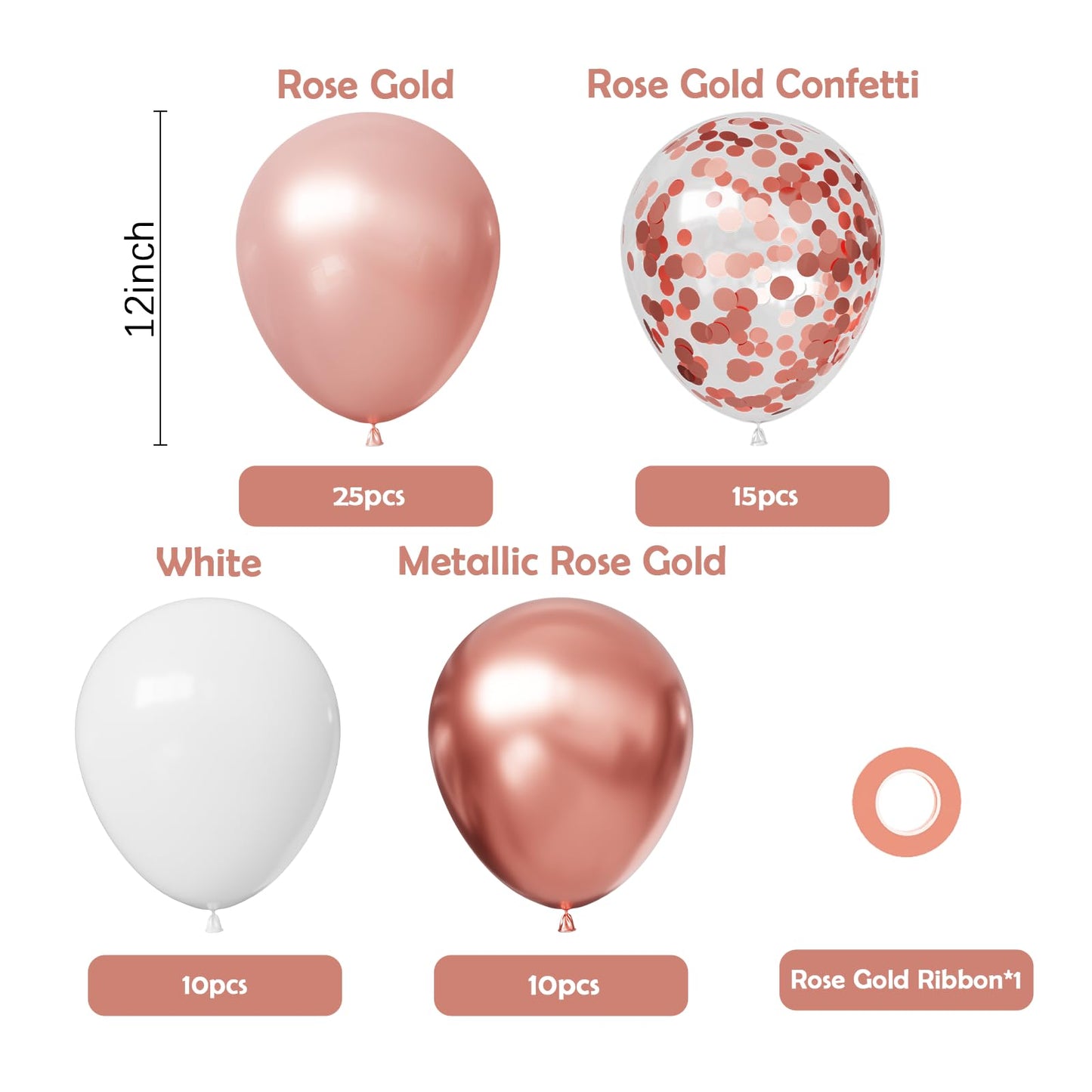 Hiquaty Rose Gold Balloons,60pcs Rose Gold and White Balloons 12 Inch,Rose Gold Ribbon for New Year Wedding Bridal Shower Party Decorations