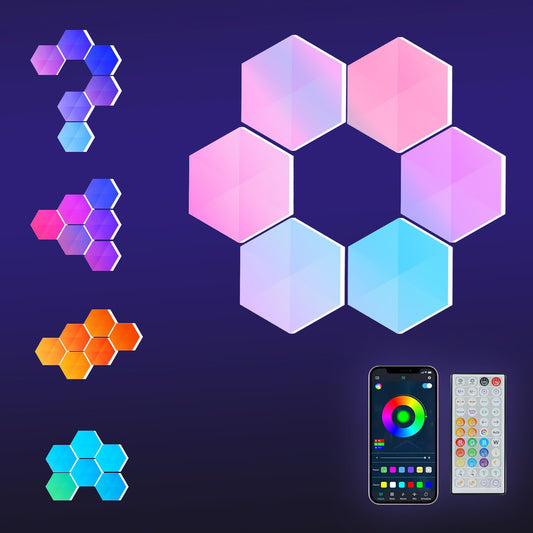 HEDCINLT Hexagon LED Lights - 6 Pack Smart RGB Wall Panels Kit, App & Remote Control, Music Sync, DIY Modular Design for Gaming Room, Bedroom, Party Decor - USB Powered with Type C