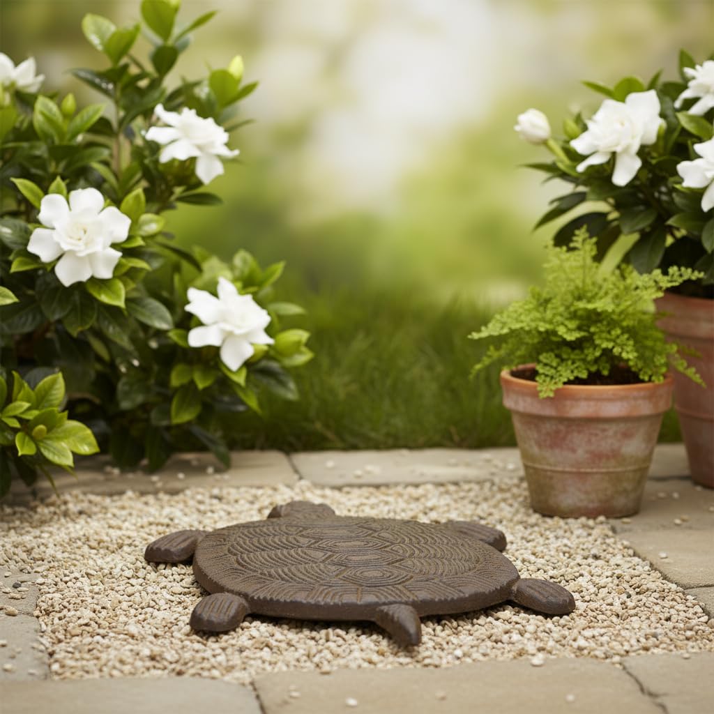Comfy Hour 13" Heavy Duty Cast Iron Sea Turtle Stepping Stone, Decorative Metal Garden Paver for Outdoor Walkway & Yard, Weatherproof Coastal Yard Art Decor, Antique Brown (Light Brown)