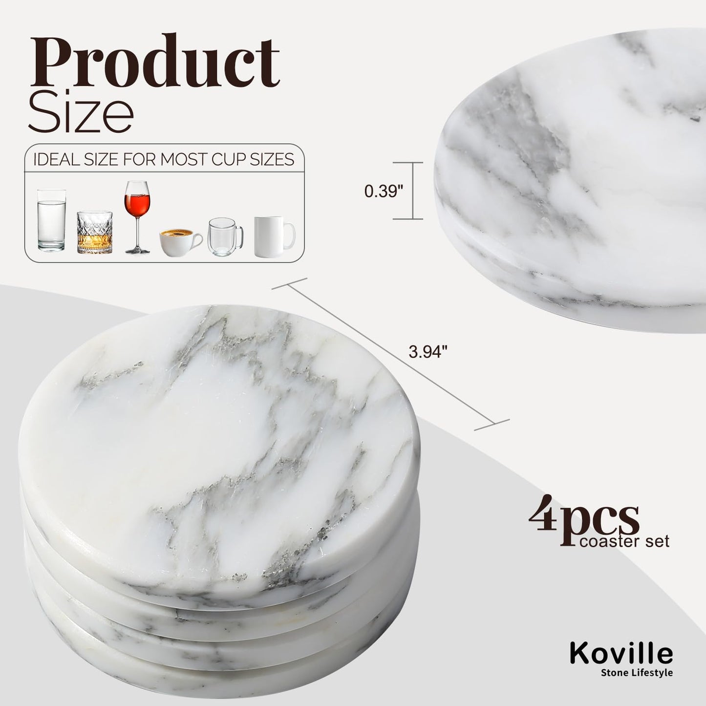 Koville Marble Coaster Set of 4, Round Coasters, 4" Stone Coaster for Drinks Coffee, Marble Coasters for Coffee Table Home Bar Decor, Heat Resistant, Gift Choice(Arabescato)