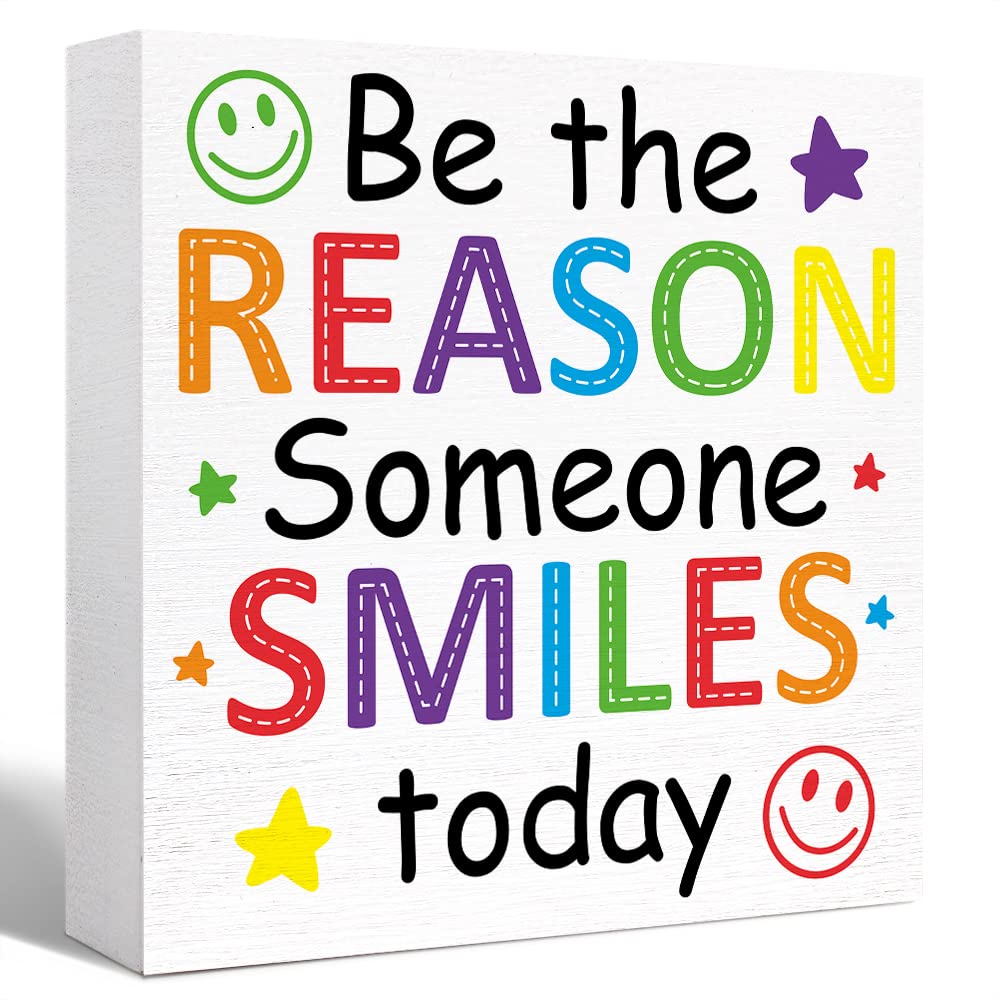 Be the Reason Someone Smiles Today Sign Wood Block,Inspirational Wooden Box Sign Motivational Desk Décor for Office Cubicle,Cheer Up Gifts for Women Coworker 5"L x 5"W x 1"H