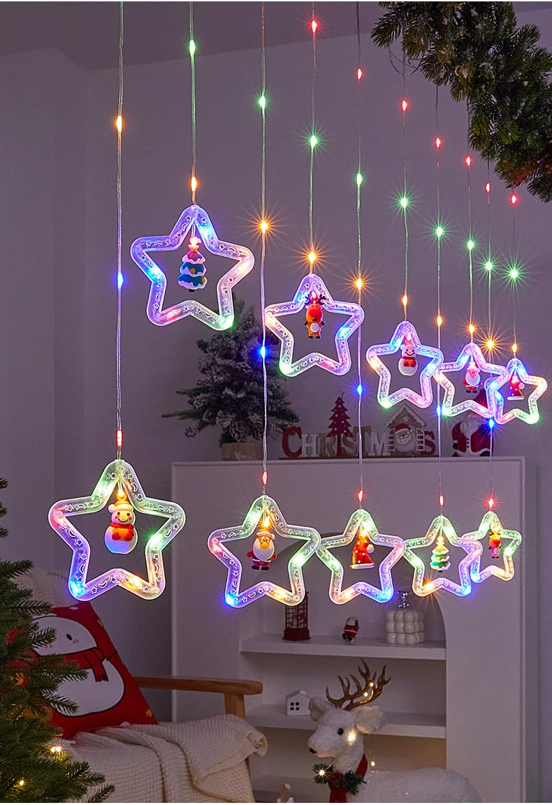 Frethind 100L Christmas Star Curtain Lights with Decorative Ornaments - 10 Star Hanging Loop Lights, 0.4/0.6m Height, 2m Power Cord, Perfect for Christmas Decoration, Suitable for Everyone