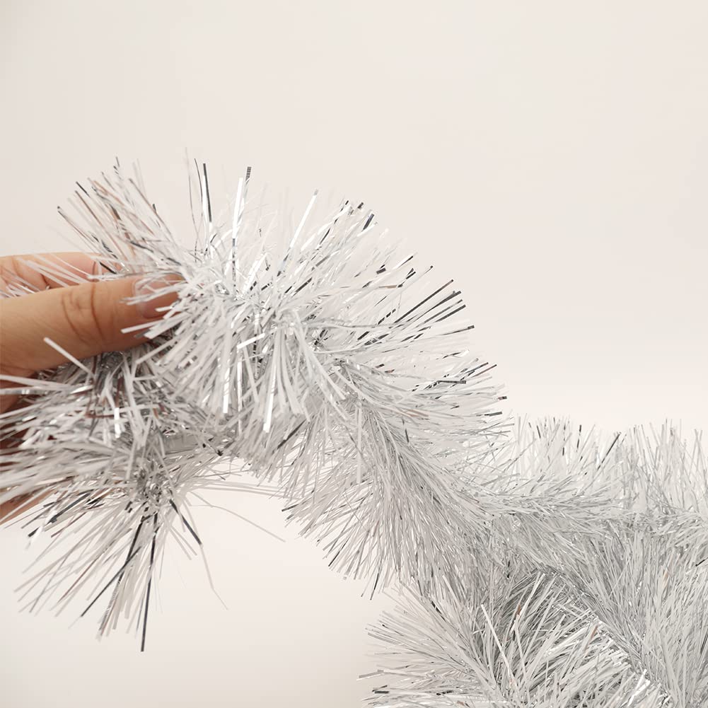 CareCheer 25 Feet Christmas Tree Tinsel Garland Metallic Twist Garland Sparkly Foil Streamer for Mardi Gras Parade Floats Christmas New Year Wedding Birthday, 4" x 25' (Silver & White)